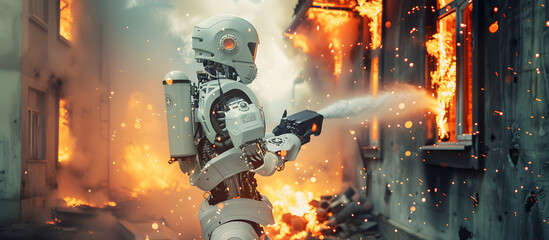 A high-tech white robot is extinguishing a fire in a building amidst burnt walls and a collapsed structure. The robot represents advanced technology and automation