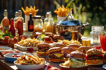 A table overflowing with a delicious assortment of burgers, fries, and beverages for a summer...