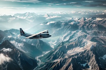 A cargo plane soaring above a mountain range with rugged peaks and valleys, set against a sky backdrop