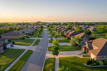 Aerial view of rows of identical houses in a suburban neighborhood with neatly cut lawns, under the warm sunset light - obrazy, fototapety, plakaty