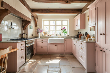a pink kitchen with granite counter tops and white cabinets,
