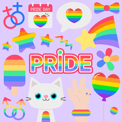 Cute and Colorful hand drawn kawaii pride month element set