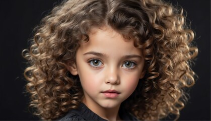 Fototapeta premium beautiful kid female fashion model with curly hair close-up portrait posing on plain black background from Generative AI