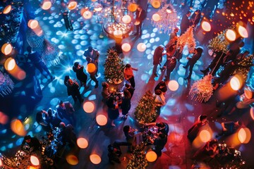 View from above of a group of people standing, dancing, laughing, and toasting in a room filled with festive lights during a New Years Eve party