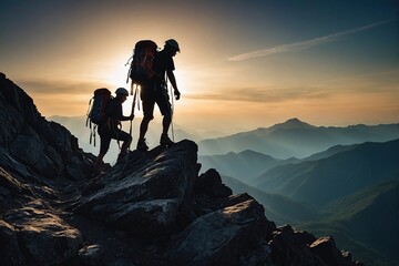 Group of people on peak mountain climbing helping team work silhouette