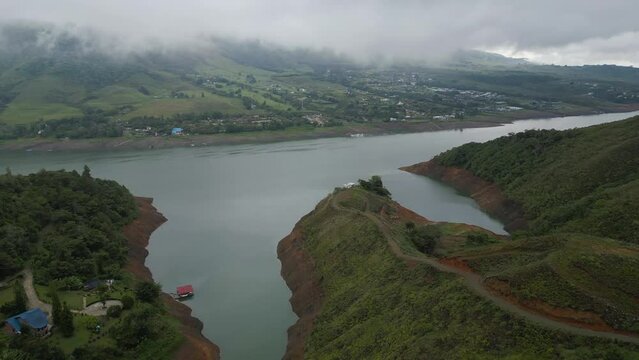 Aerial Lake with Fog and Mountains at Calima Darien Colombia