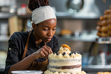 Candid photo of a skilled pastry chef making a delicious cake