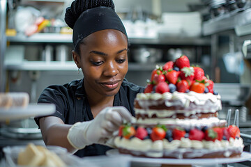 Candid photo of a skilled pastry chef making a delicious cake