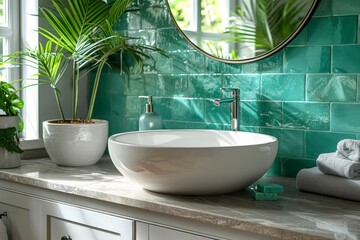Fototapeta premium A stylish bathroom featuring a circular mirror, white sink bowl, and vibrant green subway tiled wall, exuding freshness and modernity