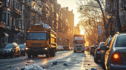 City street early in the morning, with garbage trucks collecting trash bins from the sidewalk,...