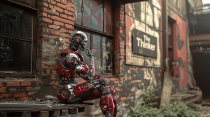 A cyborg in the pose of "The Thinker" sitting in a contemplative pose in a dilapidated urban setting - AI Generated Digital Art