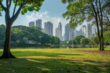 A metropolitan park with a city skyline in the background 
