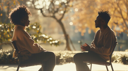 Two people sitting on chairs, talking. One looks attentive, the other comforted