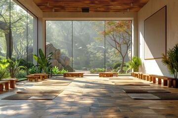 This peaceful meditation room features a panoramic view of nature, tatami mats, and a wooden structure, invoking a sense of relaxation and zen