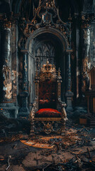 A red throne is in a room with a lot of debris and broken furniture