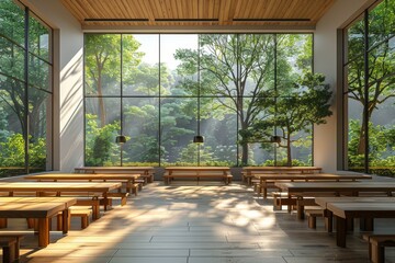 The image captures a spacious and modern cafeteria design with minimalist wooden furniture, large windows, and a stunning forest backdrop