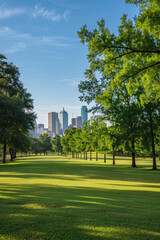 A metropolitan park with a city skyline in the background 