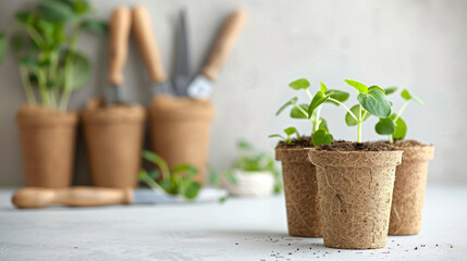 Peat pots with green seedlings and secateurs on light