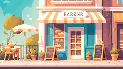 Bakery flat vector illustration. Pastry cafe exteri
