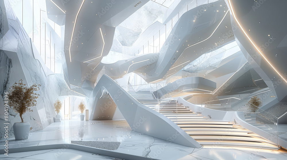 Poster the lobby for a mineral exhibition hall with a second-floor glass railing, void structure, and geome