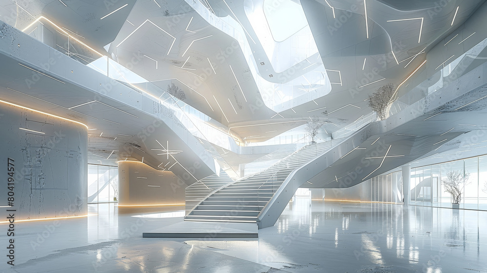 Poster the lobby for a mineral exhibition hall with a second-floor glass railing, void structure, and geome