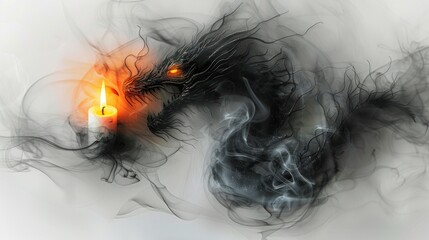 A dramatic and mystical scene of a smoky dragon emerging from wisps of smoke, illuminated by a single glowing candle. - AI Generated Digital Art
