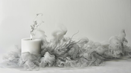A candle with smoke rising and swirling into the form of  sinuous dragons. The scene is rendered in a monochrome palette, primarily in grayscale on white background - AI Generated Digital Art