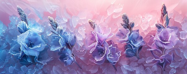 abstract art with frozen purple and blue larkspur delphinium flowers in ice
