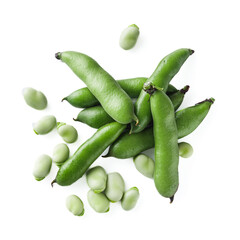 fresh greens broad beans fava on a white background