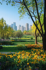 A metropolitan park with a city skyline in the background 