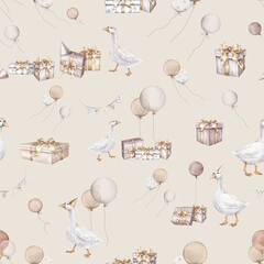 Watercolor repeat seamless pattern with Air Balloons and confetti and goose on isolated background. Hand drawn illustration for Happy birthday with bird. Gifts and girlande flags on pastel colors.