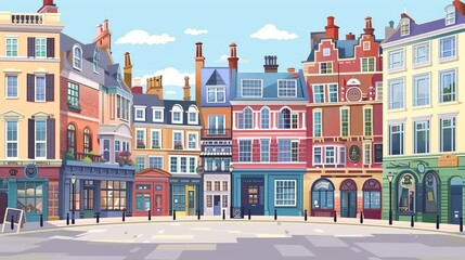 Modern illustration of Mayfair district of London. A cityscape element for a horizontal banner or advertising. Illustration of a cartoon city street isolated on a white background.