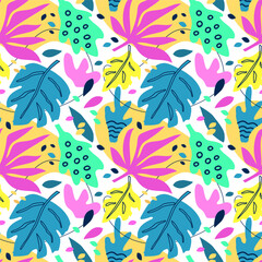 Seamless pattern with abstract elements resembling plant forms. Green, blue, purple, yellow color. For the design of fabric, wrapping paper, wallpaper.