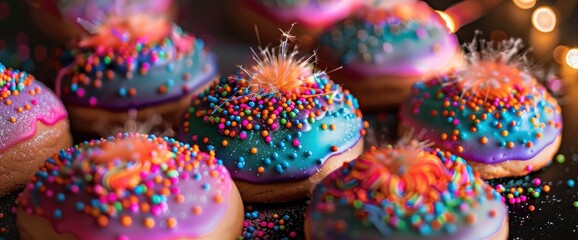 Firework-inspired cookies with colorful icing bursts , professional photography and light