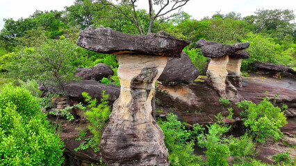 Sao Chaliang in Pha Taem National Park, Thailand, captivates from above with its unique rock...