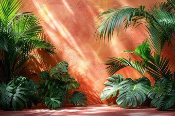Obraz premium Lush green leaves and plants cast shadows on a vibrant orange backdrop creating a natural yet artistic scene