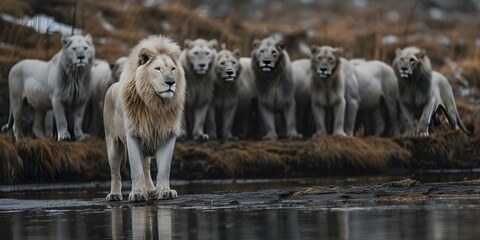 Obraz premium Majestic White Lion Commanding Respect Amid Grey Pride at River s Edge