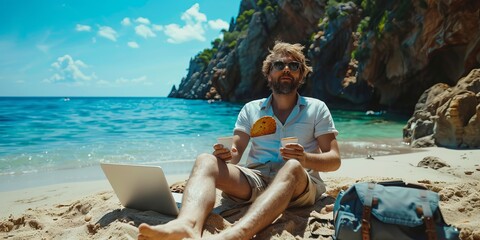 A digital anonymous nomad enjoys a refreshing snack break on a sunny beach with work essentials nearby, embracing a work-life balance