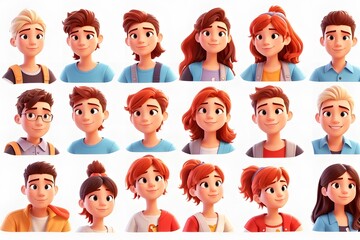 People avatars set. Young men and women with thinking face expressions. Modern line character heads, happy smiling thoughtful girls and guys. Flat vector illustrations isolated on white background 