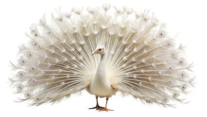 Beautiful white peacock spread his tail feathers. isolated on Transparent background.