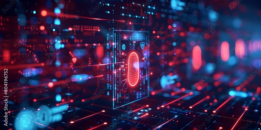 Poster biometric keys unlocking a secure digital repository in a futuristic cybersecurity interface
