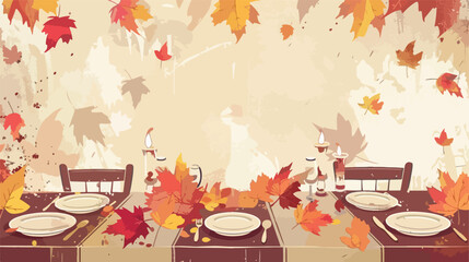 Beautiful autumn table setting with fallen leaves o