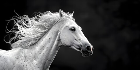 Rearing Silver White Horse Under Dramatic Studio Lighting with Intense Gaze Isolated on Black Background