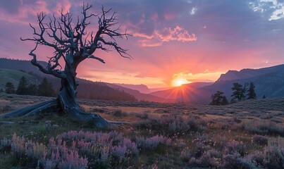A dead tree at sunset in the backcountry