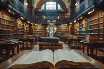 Fototapeta premium Piles of books in a grand library setting with an open book prominently featured on a wooden table