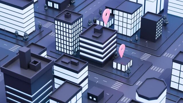 City or town animation. location pin or mark. Urban landscape, streets, buildings. taxi service, navigation or gps concept. Animated stock footage, 3D rendering. Map of downtown or business distric