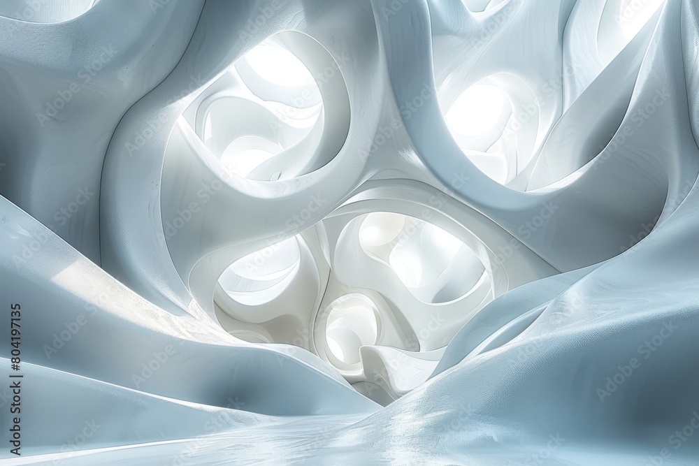 Poster an image showing a white abstract space filled with soft light, creating a serene and surreal enviro