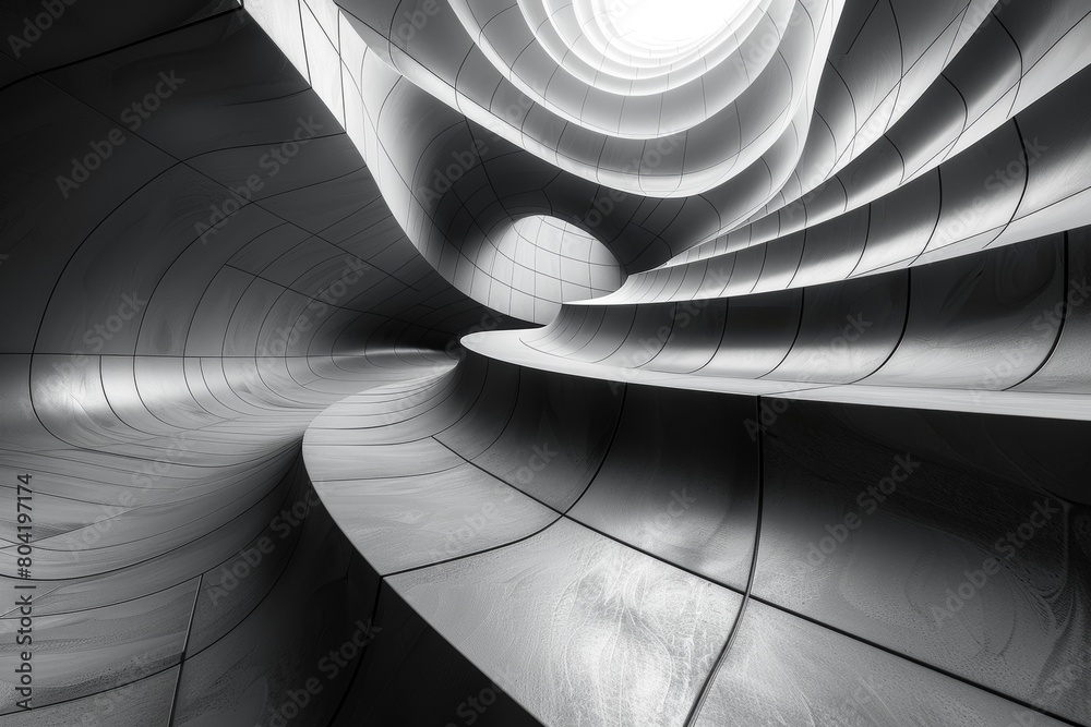 Poster a visually striking image of a curved, abstract tunnel in monochrome with patterns of light and shad