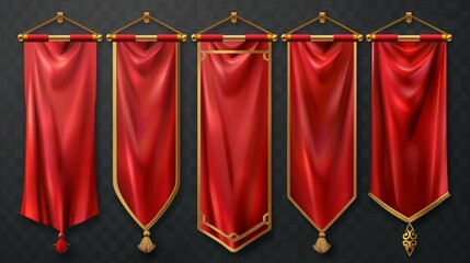 Vintage red and gold flags with gold borders, hanging royal banners, vintage vertical fabric flags isolated on transparent background. Modern realistic set.
