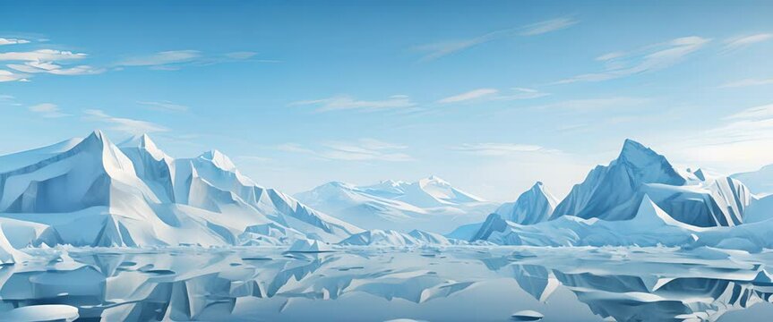 Minimalist paper-cut illustration of glaciers melting rapidly, stark representation of global warming, blurred backdrop,